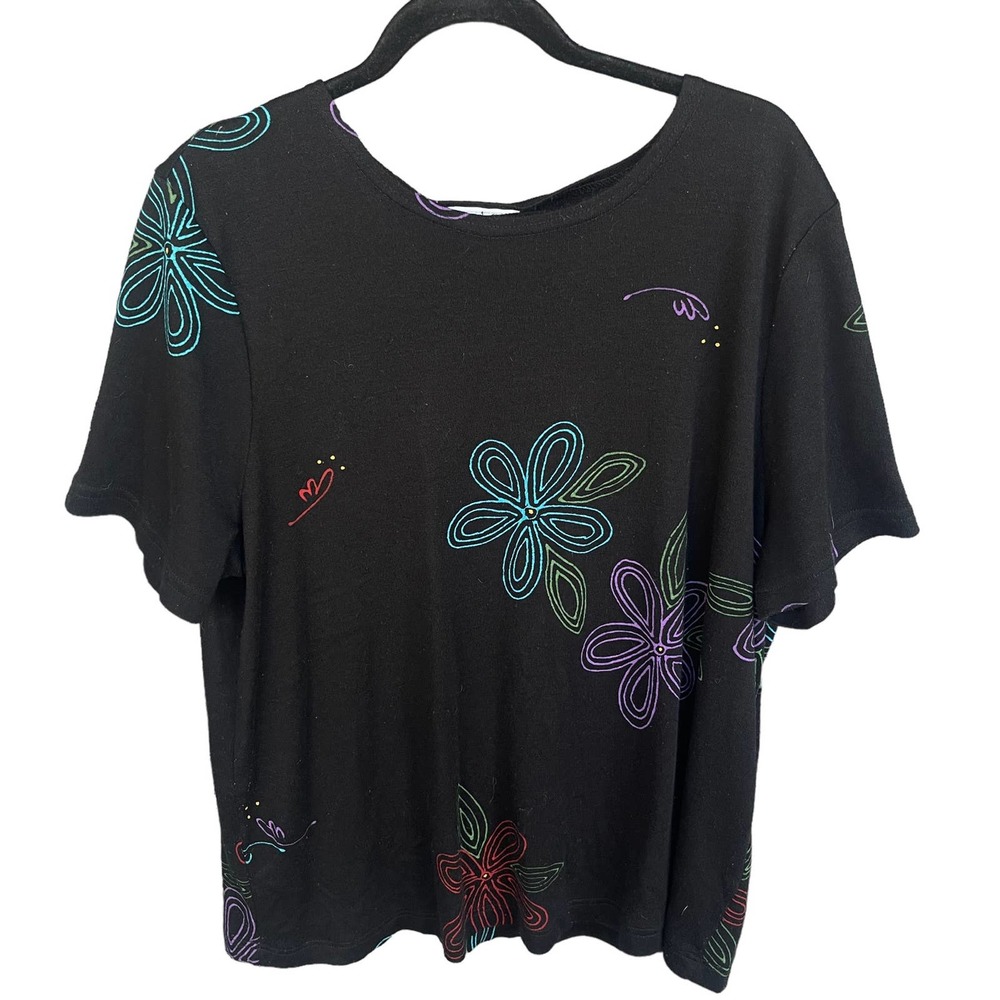 Vintage Copa Cabana Sweater Womens Plus Size 1X Black Floral Short‎ Sleeve